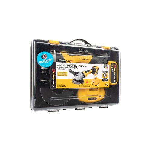PowerPlus sárga akkus szénkefementes sarokcsiszoló szett 125mm, 4Ah akku , 20V POWXB20050
